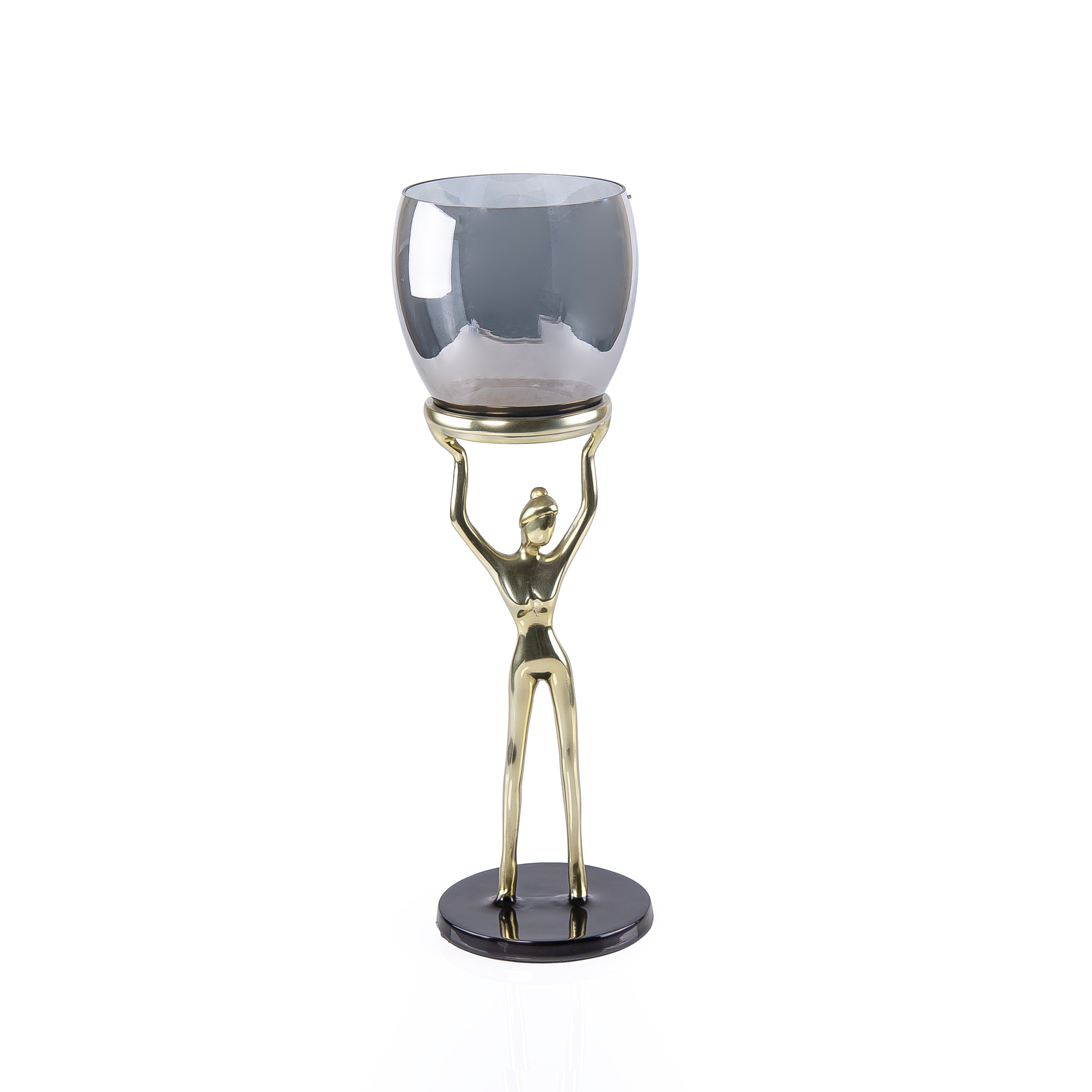 Glass Candle Holder With Metal Sculpture Base - Small