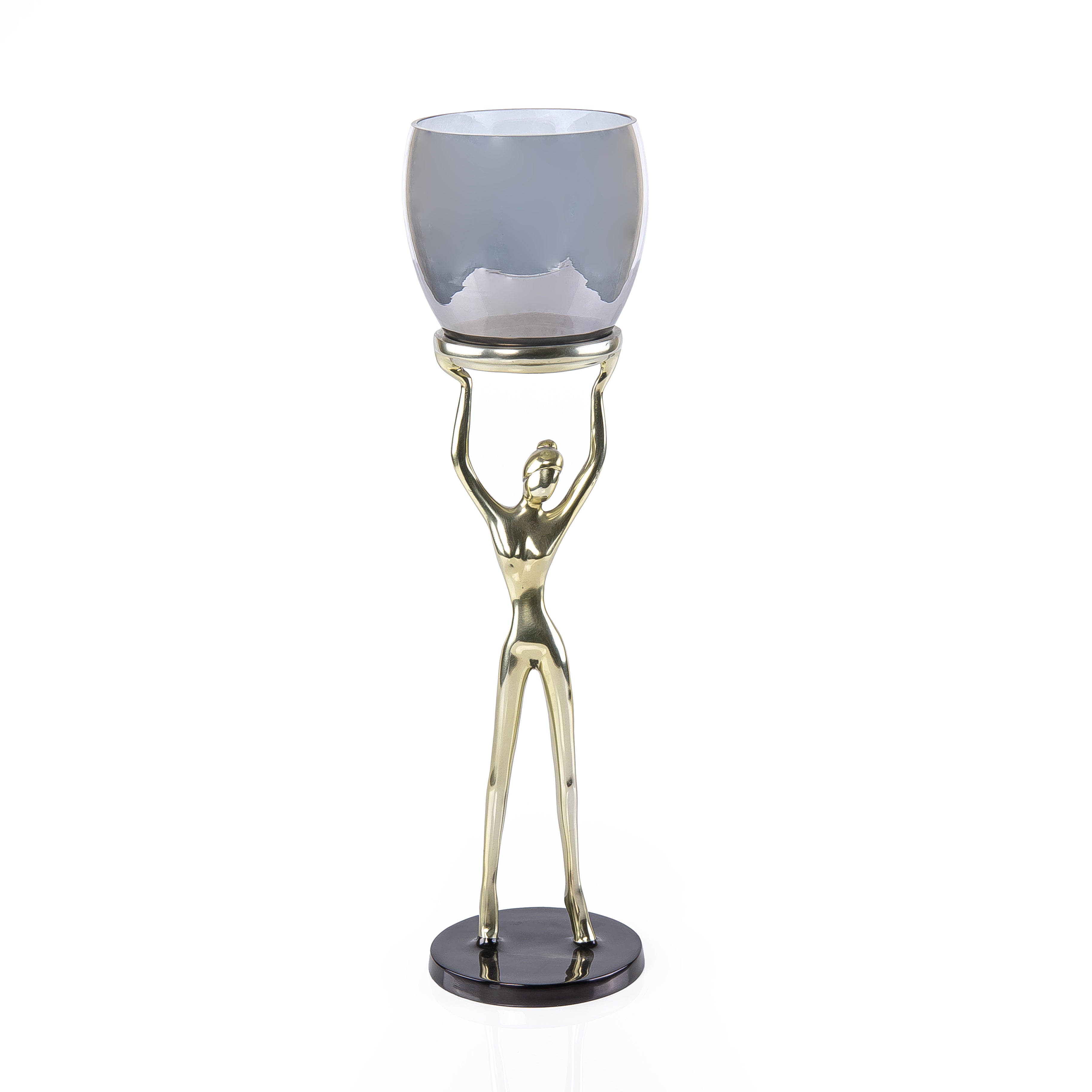 Glass Candle Holder With Metal Sculpture Base - Large