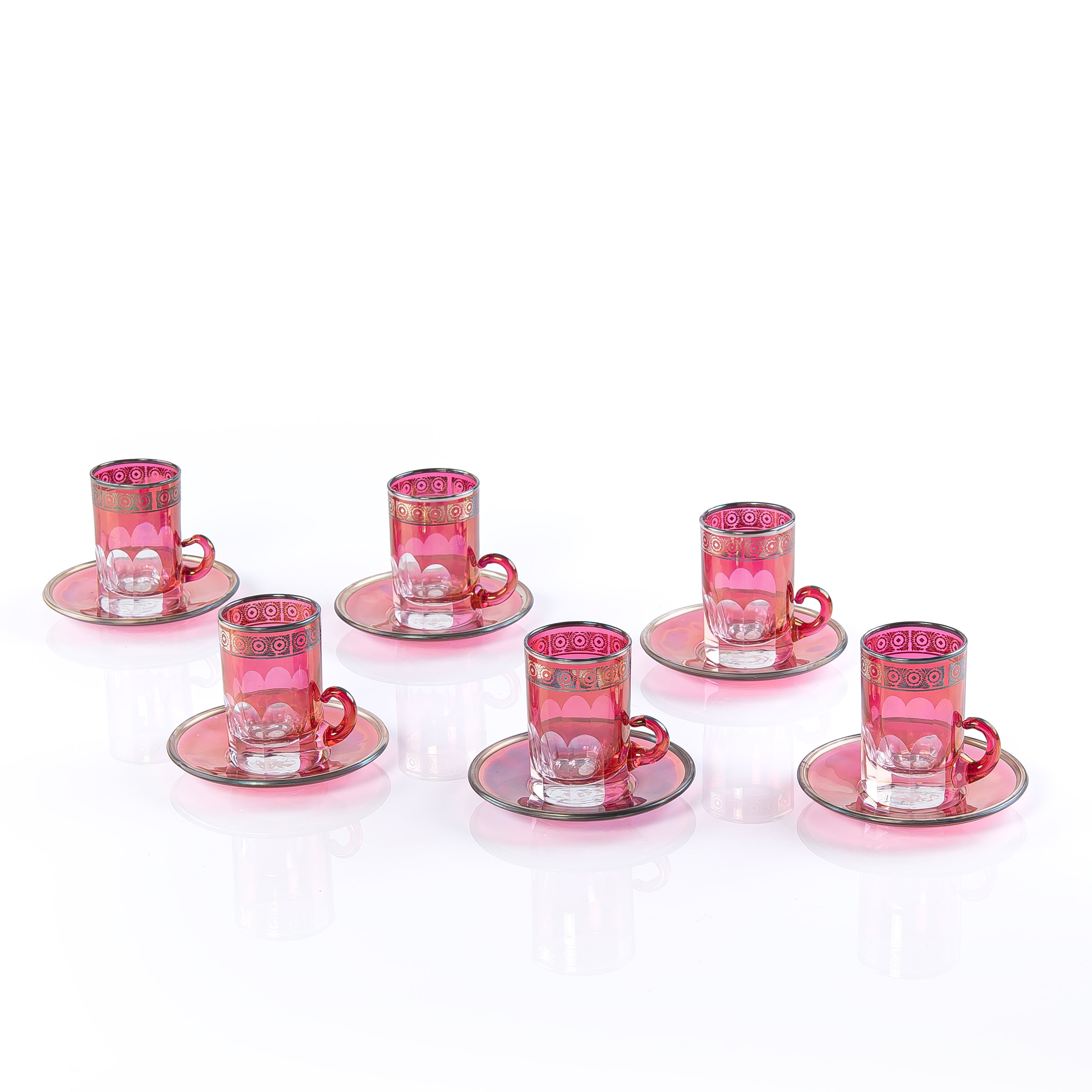 Set of 6 Glass Teacups with Matching Saucers