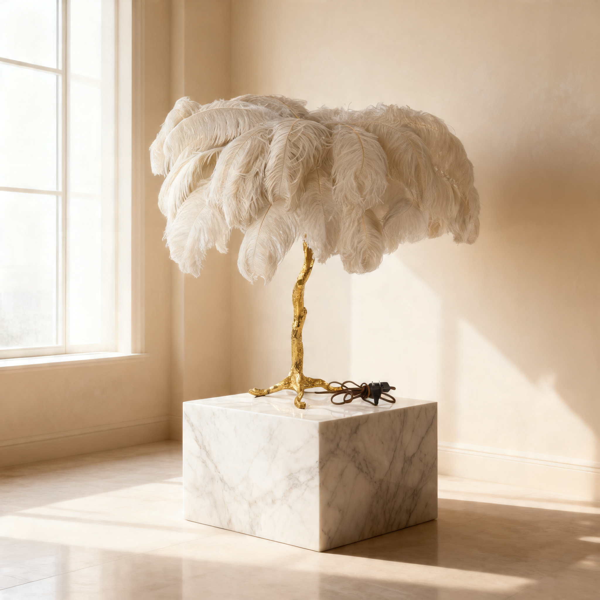 Luxurious Feather Table Lamp with Golden Base