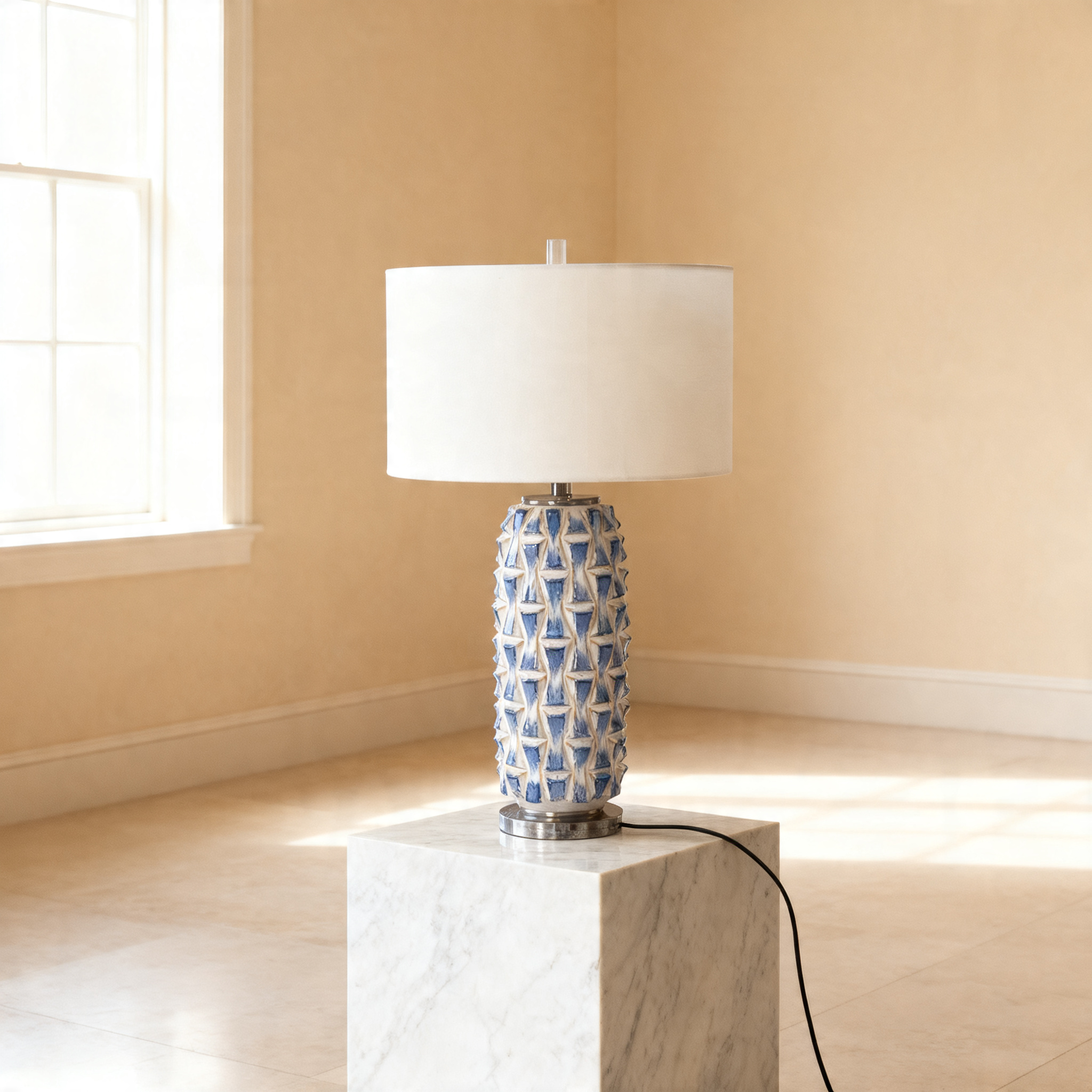 Blue & White Geometric Ceramic Table Lamp
